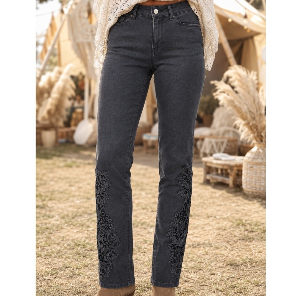 Soft Surroundings Black Lace Crochet Applique Skinny Jeans High Rise Size 4